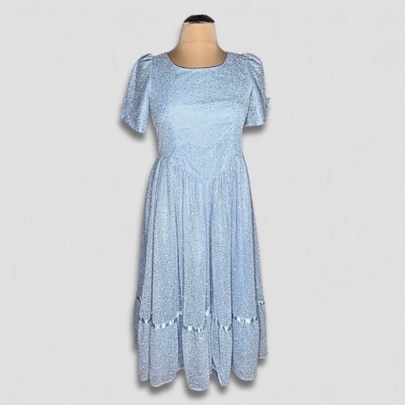Vintage Beaded Floral Appliqués Peasant Dress Blue XL - Picture 1 of 14